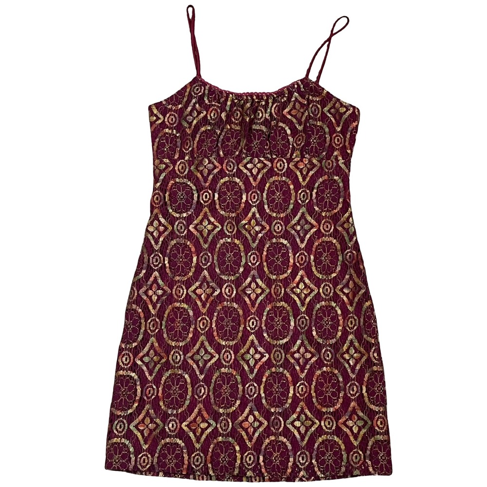 Aqua‎ Blues Geometric Medallion Mini Dress S Babydoll Burgundy Metallic Y2K 90s